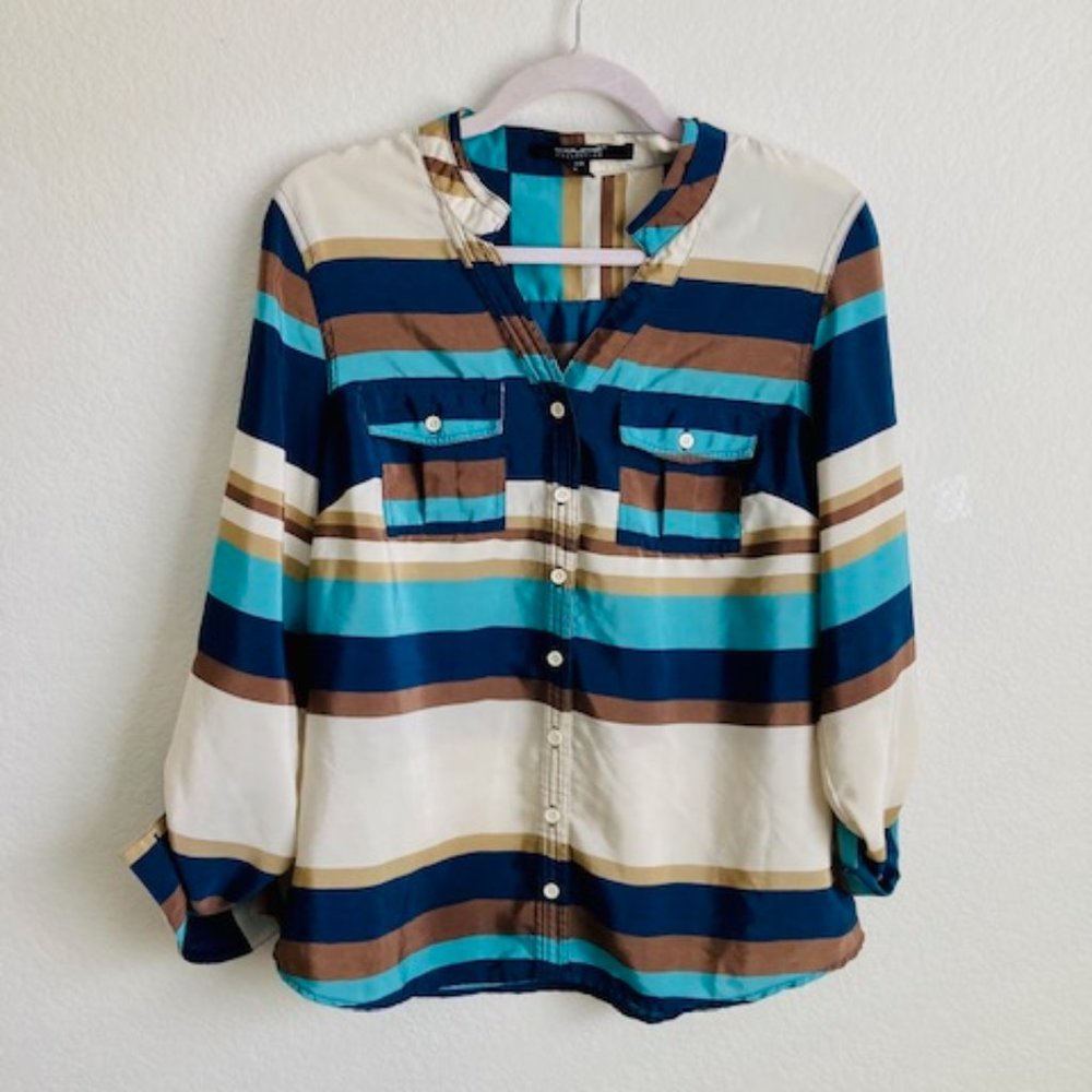Women's Color Block Button Up Long Sleeve Regular Fit Shirt